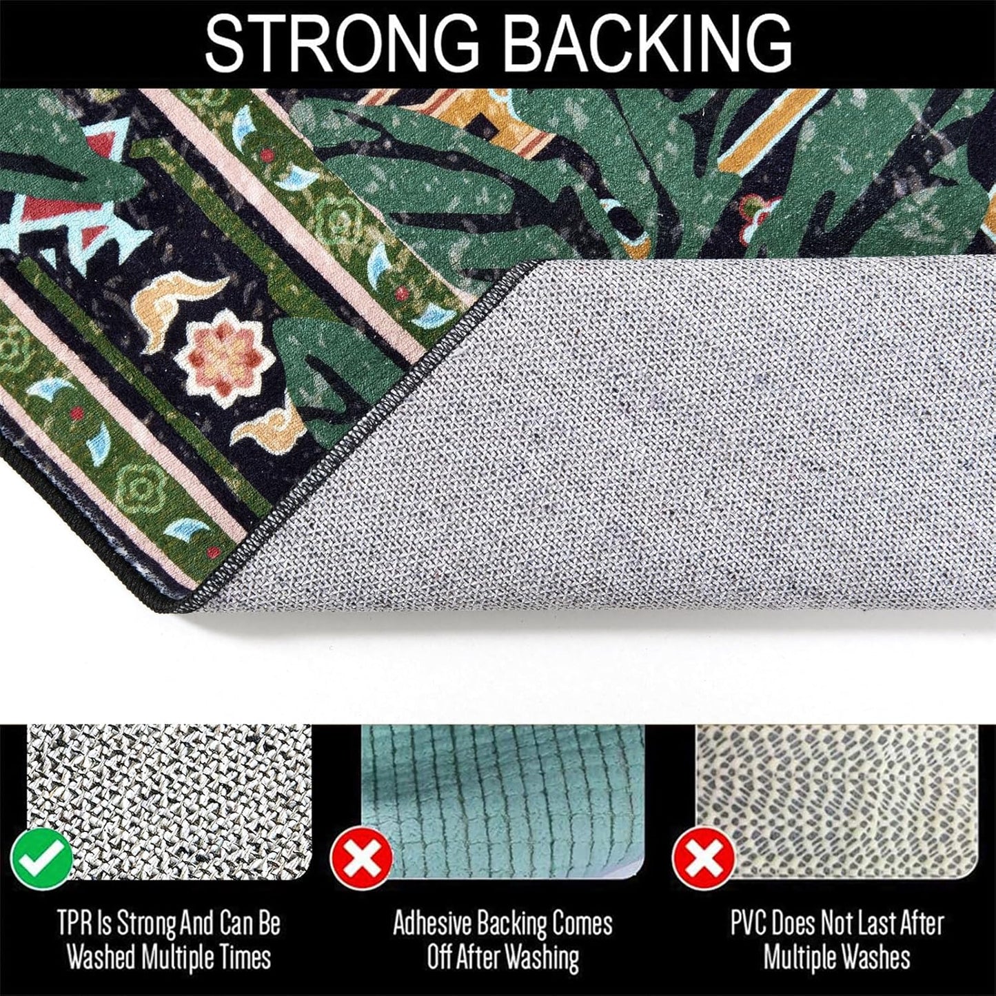 Oriental Tropical Entryway Rugs Washable, Thin Black Boho Vintage Distressed Hippie 2x3 Throw Rugs for Bathroom Kitchen Indoor Doormat Non-Slip Abstract Botanical Tribal Indian Accent Carpet