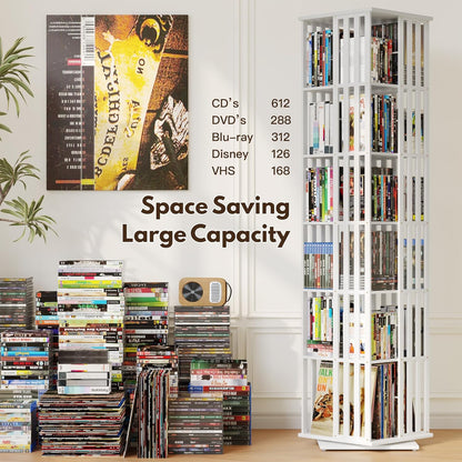XIMN 360° Rotating Bamboo CD/DVD Shelf - 6-Tier Space-Saving Media Storage Cabinet for Movies, Organizer with Super Compact Design (White, 6 Tier)