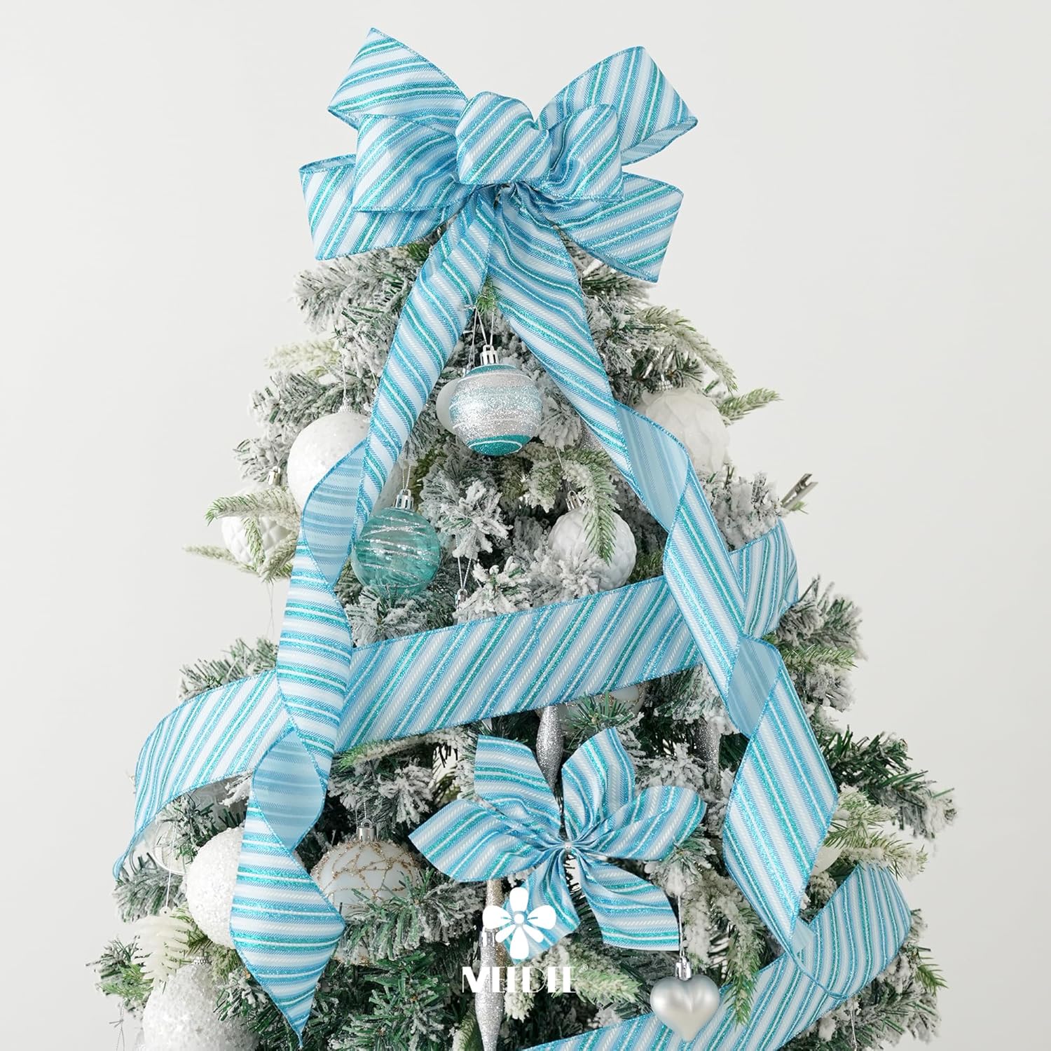 MEEDEE Blue Diagonal Stripe Ribbon 2.5 Inch Blue Satin with Turquoise and Teal Glitter Wired Ribbon for Wreath Bow, Topper Bow, Tree, Garlands (10 Yards) - Crafty Corner