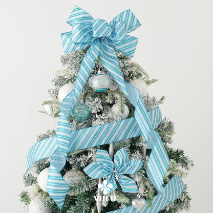 MEEDEE Blue Diagonal Stripe Ribbon 2.5 Inch Blue Satin with Turquoise and Teal Glitter Wired Ribbon for Wreath Bow, Topper Bow, Tree, Garlands (10 Yards) - Crafty Corner