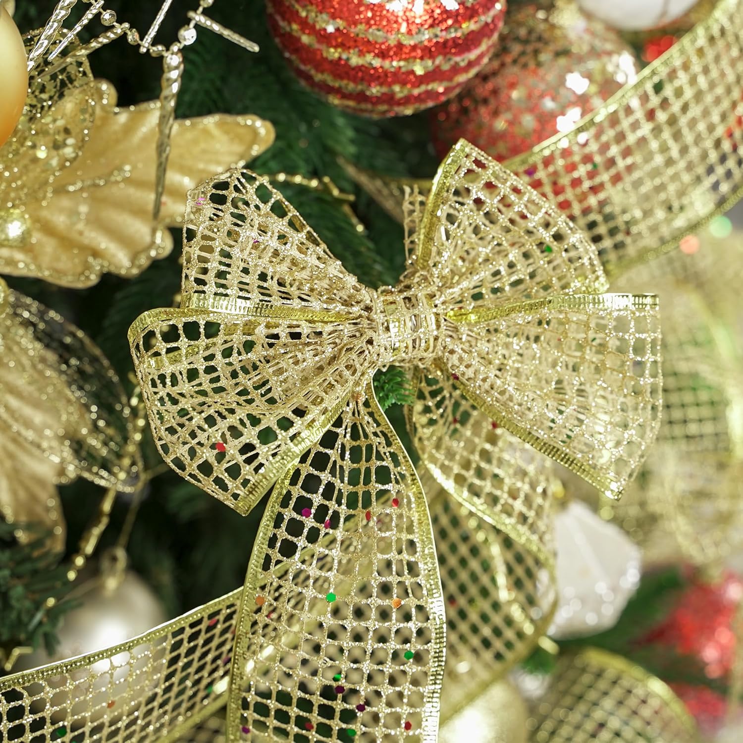 MEEDEE Gold Glitter Ribbon Gold Christmas Ribbon 2.5 Inch Square Mesh Net Wired Ribbon with Rainbow Sparkle Gold Wired Ribbon Gold Ribbon for Christmas Tree Decoration, Wreath Bow Making (10 Yards) - Crafty Corner