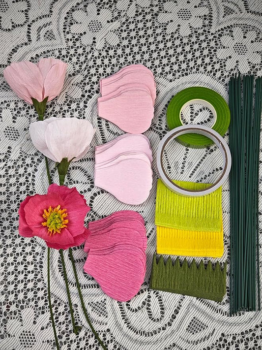 Pink Crepe Paper Poppy Bouquet Making Kit 24 pcs DIY Craft Set for Home Decor & Events Complete Craft Materials for Floral Art