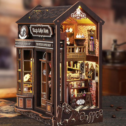 ISSEVE Book Nook Kit - DIY Miniature Dollhouse Booknook for Adults Teen, 3D Wooden Puzzle Tiny House Kit Bookshelf Decor, Gifts for Men Women Halloween Christmas Birthday (Coffee Shop)