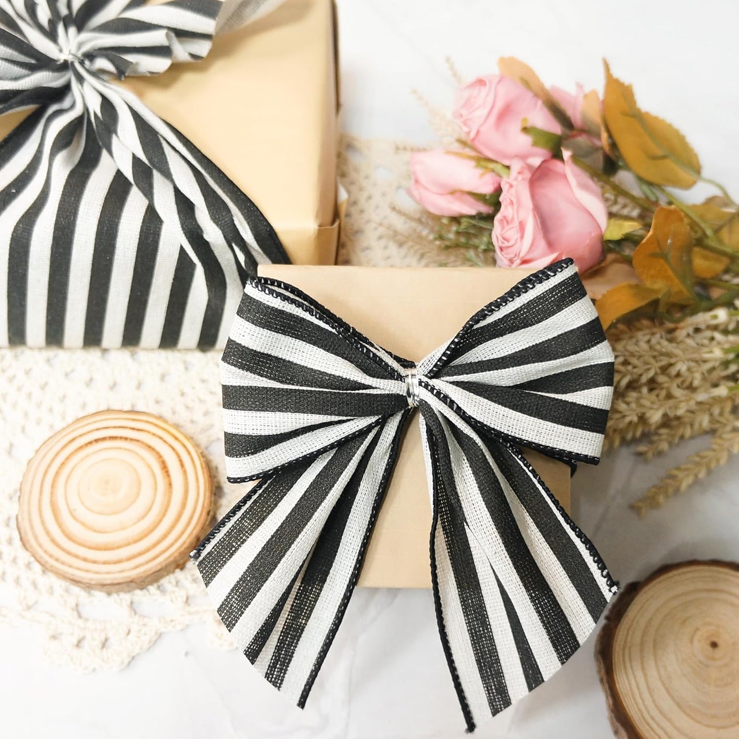 CT CRAFT LLC Striped Canvas Cotton Ribbon 2.5" x 10 Yards Ivory/Black Stripes for Thanksgiving Christmas Home Décor Gift Wrapping Outdoor Tree Topper Bow Wreath - Crafty Corner