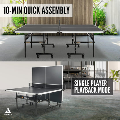 JOOLA Inside Professional MDF Indoor Ping Pong Table with Quick Clamp Table Tennis Net and Post Set - 10 Minute Easy Assembly - Tournament Quality - Foldable with Single Player Playback Mode