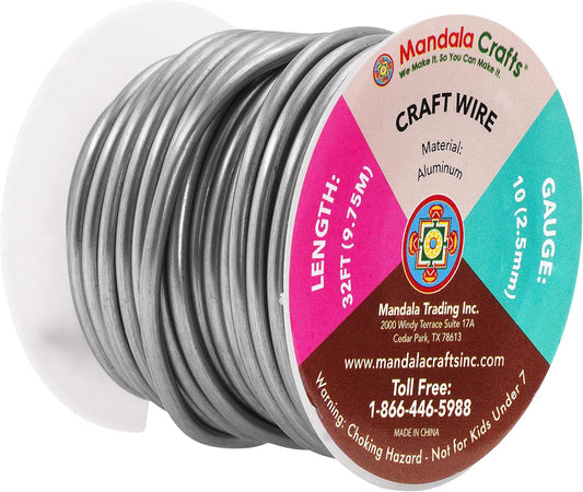 Mandala Crafts 10 Gauge Anodized Aluminum Craft Wire for Jewelry Making - 32 FT Colored Flexible Gray Wire - Bendable for Bonsai Armature Crafting Sculpting - Crafty Corner