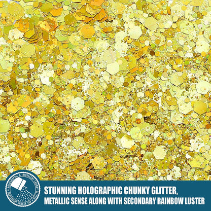 Estanoite Holographic Chunky Glitter, 160G/5.64OZ Craft Glitter for Resin, Metallic Iridescent Chunky Glitter Sequin Flake, Cosmetic Glitter for Makeup Body Nail Face Eye, Glitter Tumbler (Gold)