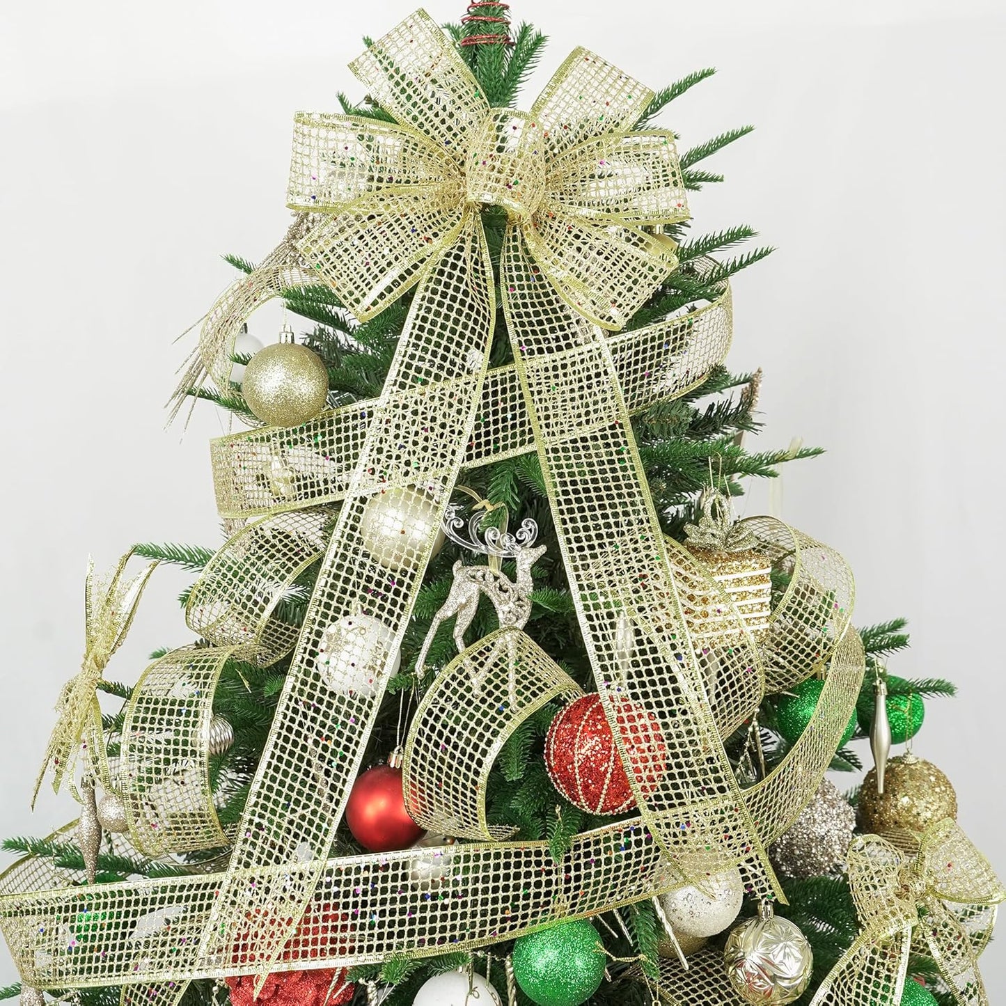 MEEDEE Gold Glitter Ribbon Gold Christmas Ribbon 2.5 Inch Square Mesh Net Wired Ribbon with Rainbow Sparkle Gold Wired Ribbon Gold Ribbon for Christmas Tree Decoration, Wreath Bow Making (10 Yards) - Crafty Corner