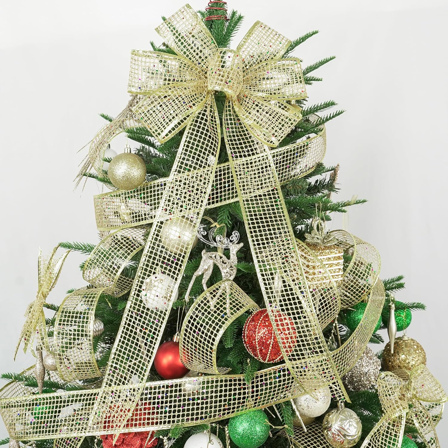 MEEDEE Gold Glitter Ribbon Gold Christmas Ribbon 2.5 Inch Square Mesh Net Wired Ribbon with Rainbow Sparkle Gold Wired Ribbon Gold Ribbon for Christmas Tree Decoration, Wreath Bow Making (10 Yards) - Crafty Corner
