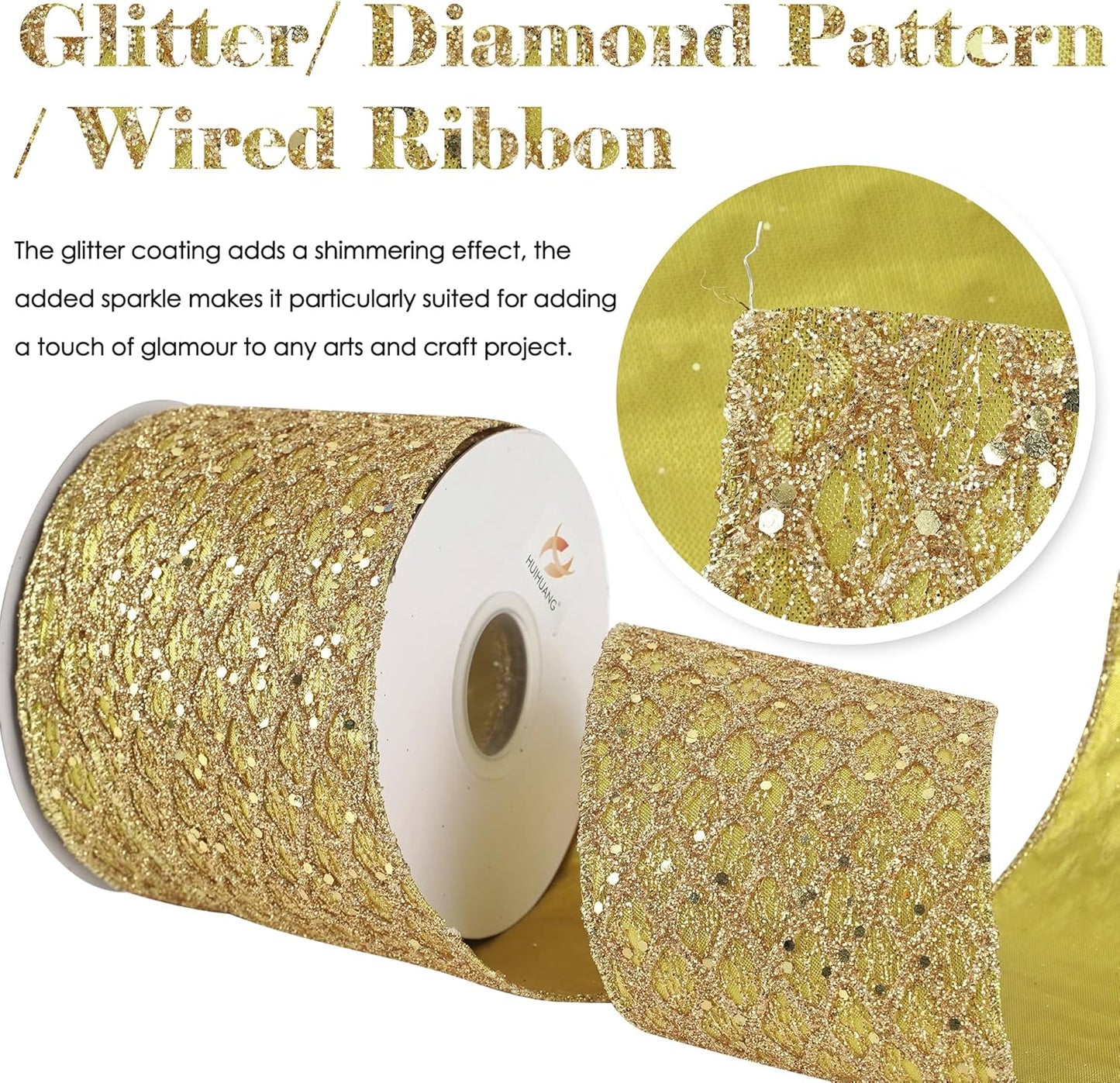 HUIHUANG Gold Glitter Wired Ribbon, 4 inch x 10 Yards, Polyester, Christmas, Gold, Geometric Pattern, Perfect for Tree Decorations, Wreaths, Gift Wrapping - Crafty Corner