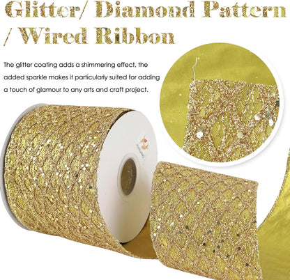 HUIHUANG Gold Glitter Wired Ribbon, 4 inch x 10 Yards, Polyester, Christmas, Gold, Geometric Pattern, Perfect for Tree Decorations, Wreaths, Gift Wrapping - Crafty Corner