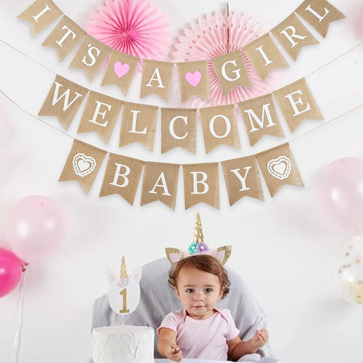 MEEDEE Burlap Banner Welcome Baby Girls Banner Rustic Baby Shower Party Favors Decorations Banners and Signs Baby Shower Bunting Pink (3 Pieces) - Crafty Corner
