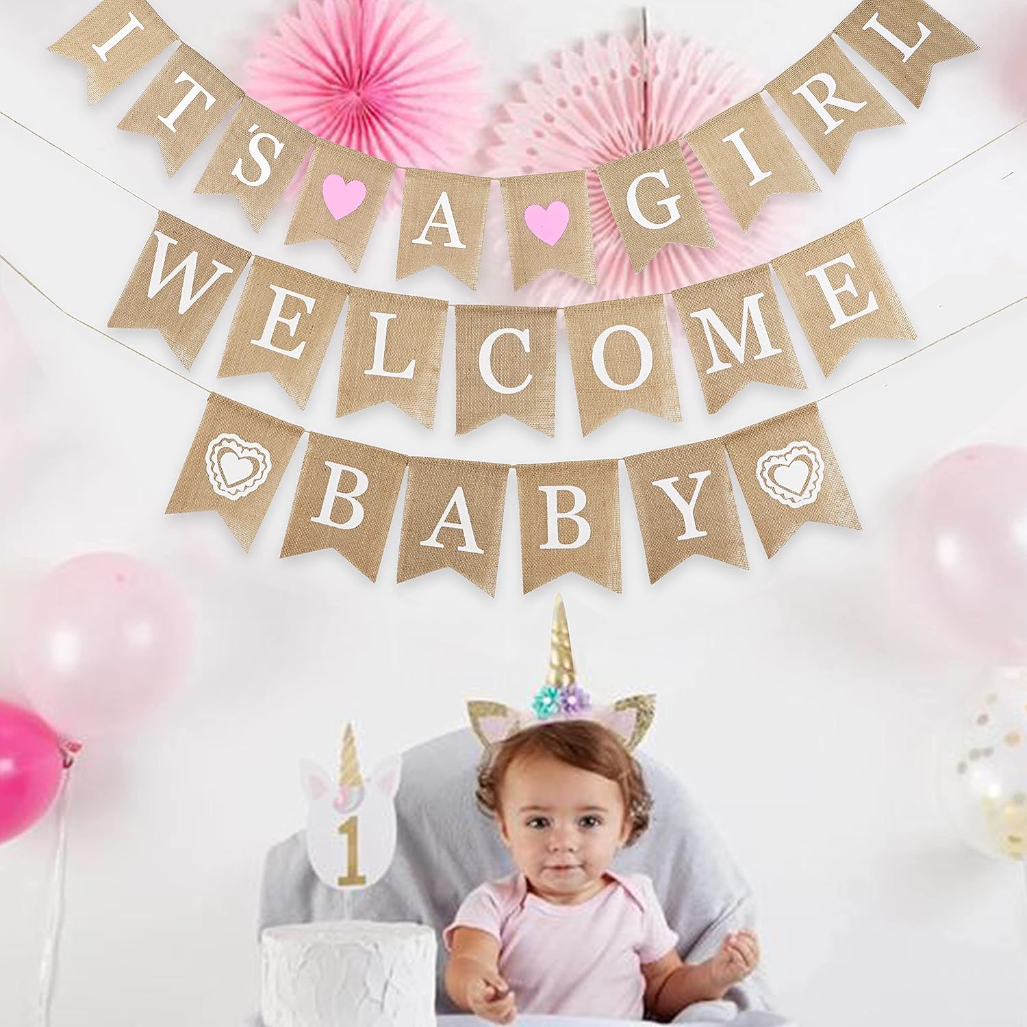 MEEDEE Burlap Banner Welcome Baby Girls Banner Rustic Baby Shower Party Favors Decorations Banners and Signs Baby Shower Bunting Pink (3 Pieces) - Crafty Corner