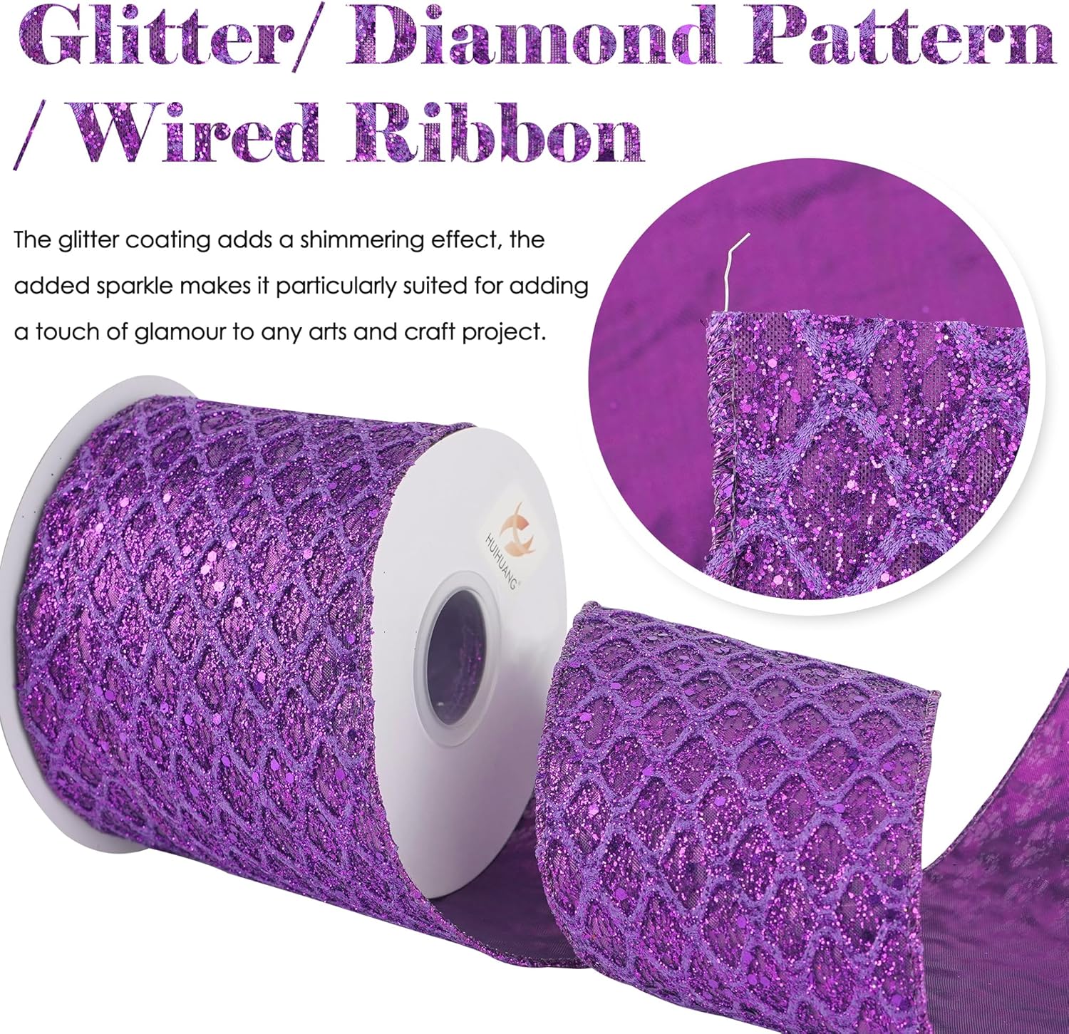 HUIHUANG Purple Wired Christmas Ribbon 4 inch Purple Glitter Wired Ribbon Diamond Mesh Wire Ribbon for X-mas Tree Decorations, Wreaths, Garland, Large Bows Making, Home Decor -10 Yards - Crafty Corner