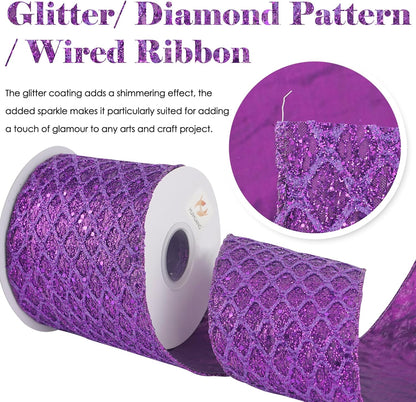 HUIHUANG Purple Wired Christmas Ribbon 4 inch Purple Glitter Wired Ribbon Diamond Mesh Wire Ribbon for X-mas Tree Decorations, Wreaths, Garland, Large Bows Making, Home Decor -10 Yards - Crafty Corner