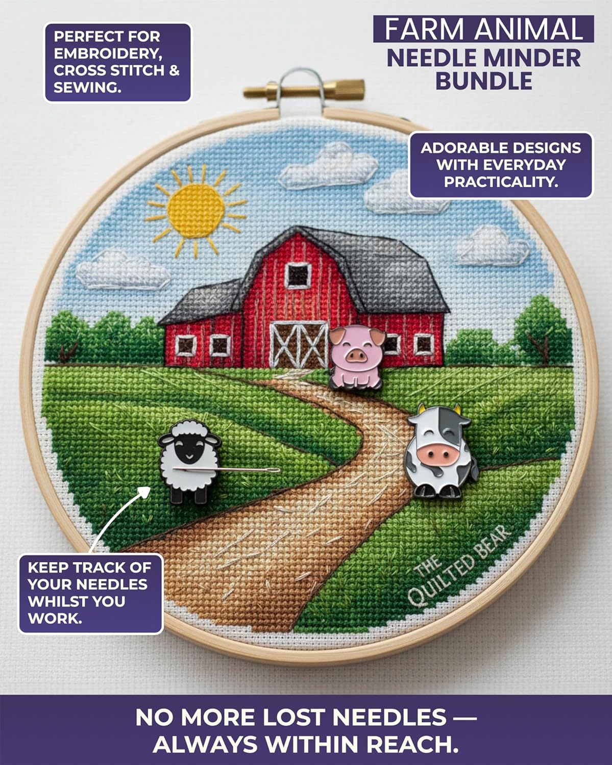 The Quilted Bear Needle Minder - Needle Minder Magnet for Keeping Sewing & Embroidery Needles, Cross Stitch Needles Safe - Stress Free Stitching Cross Stitch Supplies & Embroidery Supplies (Pig)