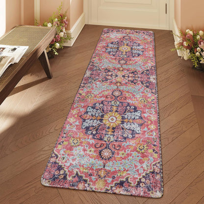 Lahome Bohemian Floral Medallion Runner Rug - 2x6 Hot Pink Hallway Runner Laundry Mat, Machine Washable Non-Slip Soft Indoor Carpet for Bathroom Bedside Basement Camper Home Decor, Fuchsia/Multi