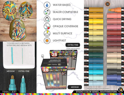 28 Southwestern Colors Acrylic Paint Pens Studio Color Series Markers Set 3mm Medium Tip, Rock Painting, Glass, Mugs, Wood, Metal, Canvas, DIY Projects, Detailing. Non Toxic, Waterbased, Quick Drying