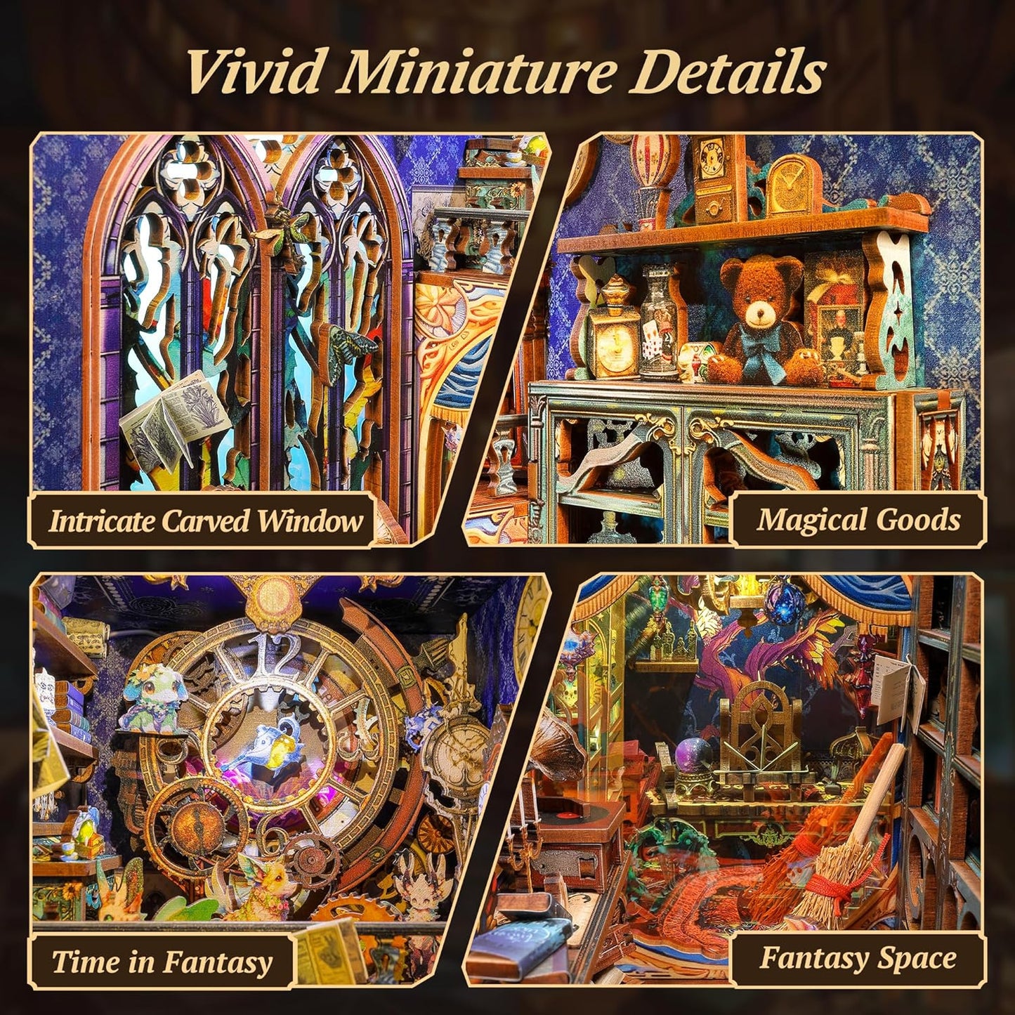 3D Wood Puzzle Book Nook Kit, Fantasy Store Bookshelf Insert with LED Lights, DIY Magical Miniature Bookend Décor for Display, Unique Craft Gift for Adults and Teens (Fantasy Store)