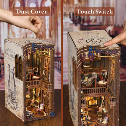 Book Nook Kit Music, DIY Miniature House Kit Book Nook, 3D Wooden Puzzle Bookshelf Insert Diorama Kit with Led Light for Teens and Adults (Timeless Melody)