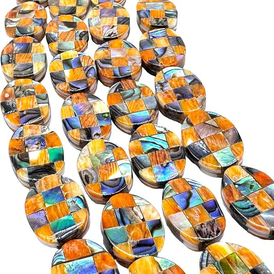 AlohaGemsUSA Spiny Oyster & Abalone Shell Beads - Native American Style (Handcrafted Mosaic Inlay Artistry with Meticulous Workmanship) Oval 15X20mm (Half Strand 8 Inches - 9 Beads)