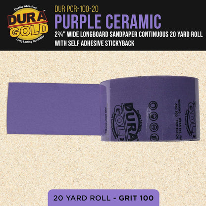 Dura-Gold Premium 100 Grit PSA Purple Film Ceramic Longboard Sandpaper, 2-3/4" Wide Continuous 20 Yard Roll - Self Adhesive Stickyback for Auto & Wood Air File Long Board Sanders, Hand Sanding Blocks