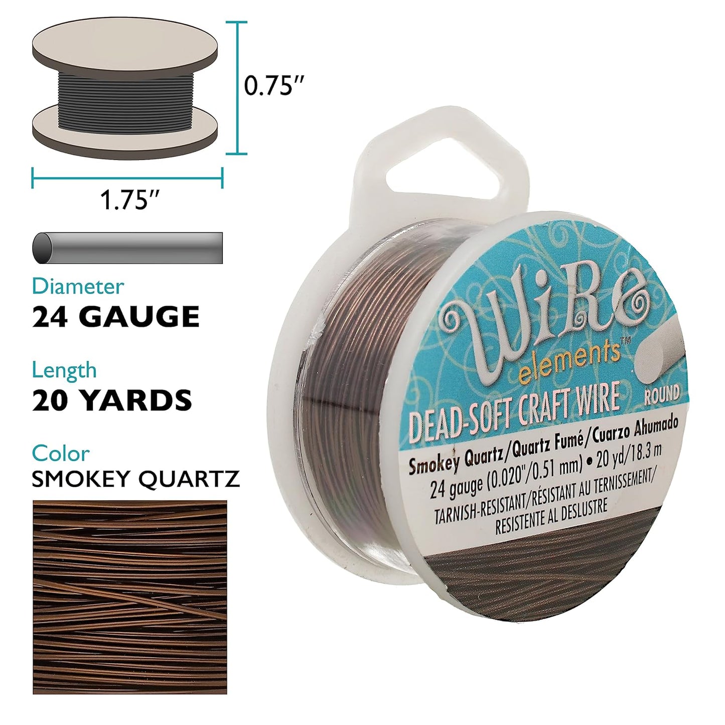 The Beadsmith Wire Elements Craft Wire – Tarnish Resistant, Soft Temper, Round, Smoke Quartz Color – 0.51mm, 24 Gauge, 20 Yard Spool – Jewelry Making, Wire Wrapping, Floral, & Other DIY Crafts