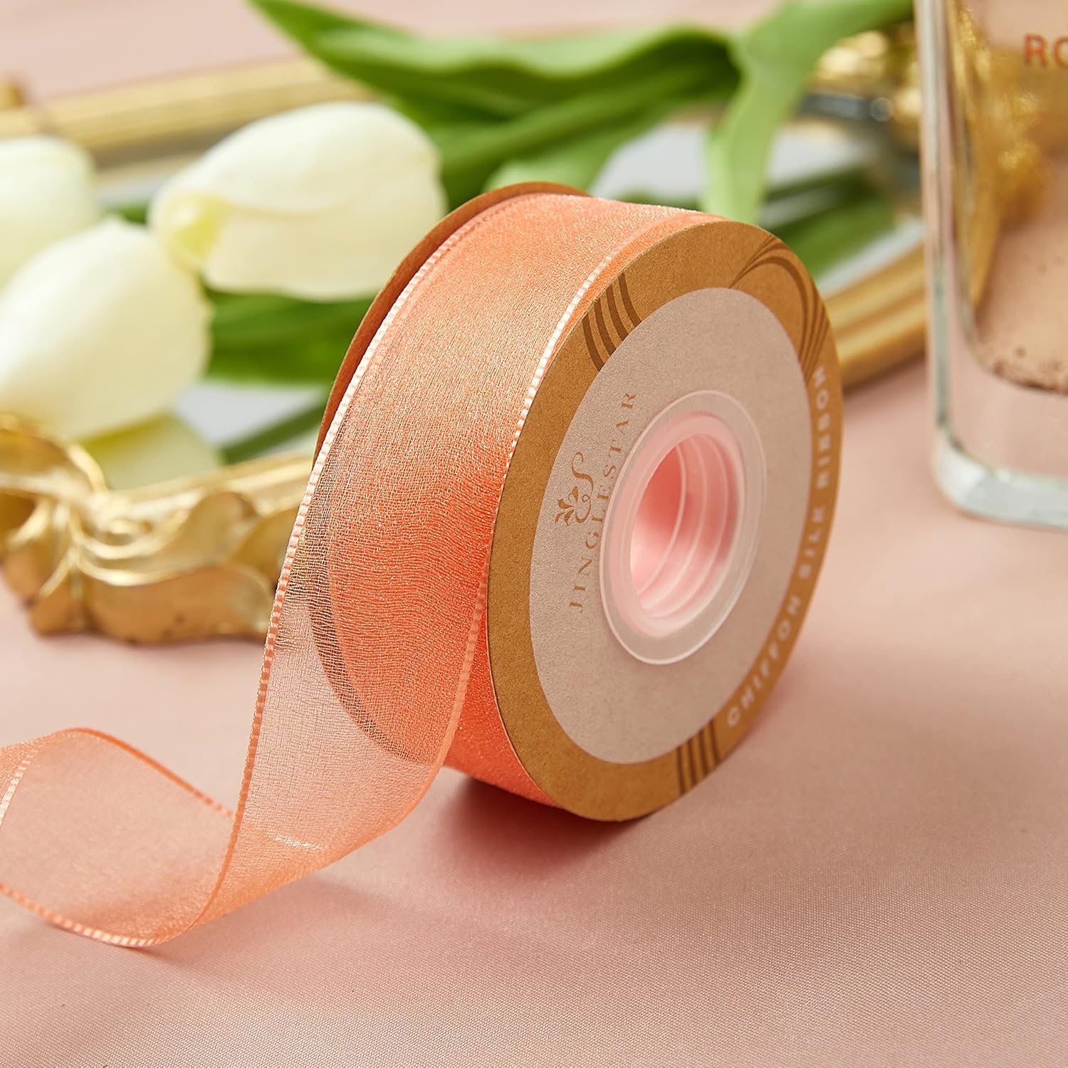 1 Inch Wide Sheer Chiffon Ribbon - Pearl Silk Woven Ribbon Suitable for Gift Wrapping, Wedding Decor, Home Decor, Girl Hair Accessories Handmade DIY (25 Yards/roll) (Tangerine) - Crafty Corner