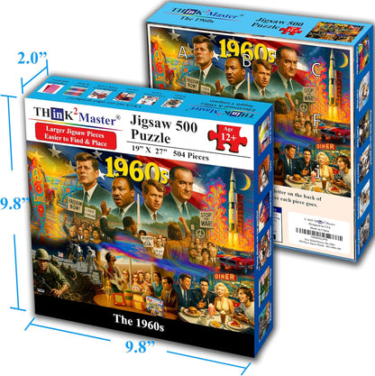 Think2Master 1960s 500 Pieces Large Format Jigsaw Puzzle: Kids 12+, Teens, Adults & Families. Travel Back in Time with The Nostalgic Collage. Great Gift. Size: 26.8” X 18.9”