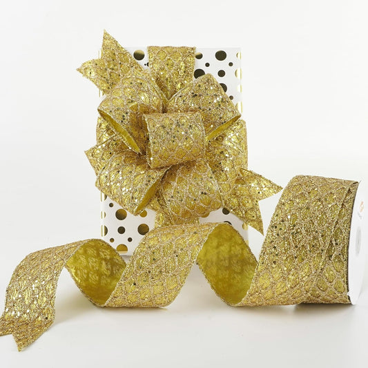 HUIHUANG Gold Glitter Wired Ribbon for Christmas Tree 2.5 inch Gold Diamond Mesh Ribbon for Tree Decoration, Wreaths, Garland, Gift Wrapping, Large Bows Making, Home Decor -10 Yards - Crafty Corner