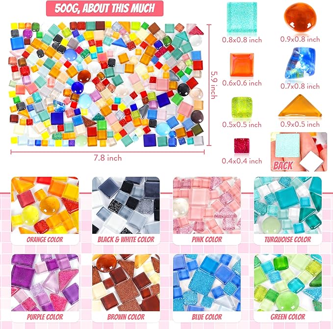 Glass Mosaic Tiles Crafts: 300 Pieces Bulk DIY Kit for Adults with Pre-Cut Mixed Shapes and Iridescent Crystals for Art Home Decor Garden Stepping Stones and Coasters