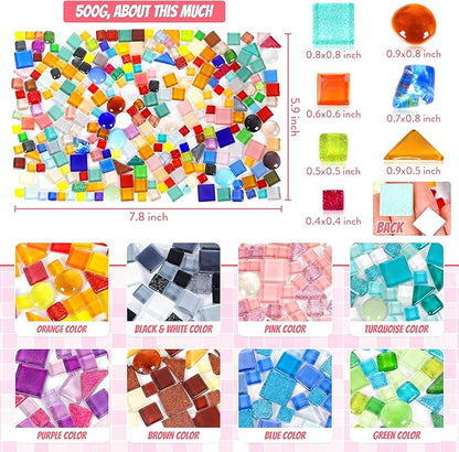 Glass Mosaic Tiles Crafts: 300 Pieces Bulk DIY Kit for Adults with Pre-Cut Mixed Shapes and Iridescent Crystals for Art Home Decor Garden Stepping Stones and Coasters