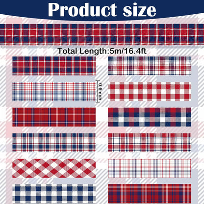 12 Rolls Basic Grid Washi Tape Set, Red Blue White Plaids Decorative Paper Stickers for Thanksgiving Christmas Independence Day Scrapbook Journaling DIY Art Crafts Gift Wrapping 16.4FT