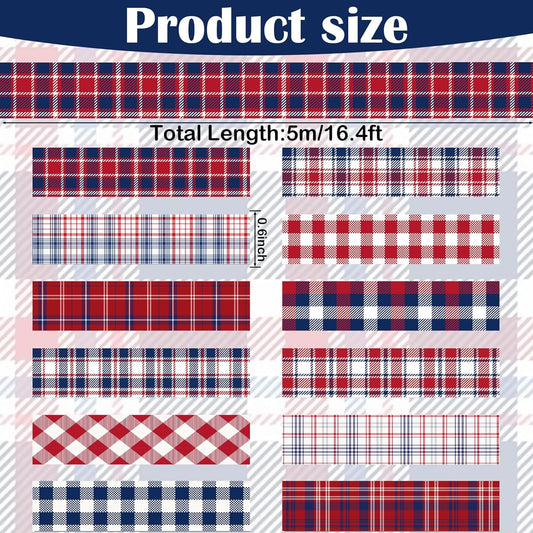 12 Rolls Basic Grid Washi Tape Set, Red Blue White Plaids Decorative Paper Stickers for Thanksgiving Christmas Independence Day Scrapbook Journaling DIY Art Crafts Gift Wrapping 16.4FT