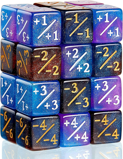 Sumind 24 Pcs Magic Life Counter Dice -1/+1 Counters Commander Buff Tokens 6 Sided Dice Loyalty Life Gifts Compatible with MTG CCG TCG Cards Gaming Accessory (Artsy Style)