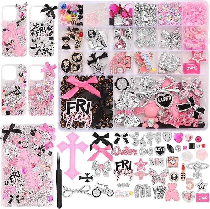 EIiovcnya 2380 Pcs Junk Phone Case Charms Kit, Charms for Customizing DIY Cases, with Nail Accessories, Cute Bow, Star, Candy, Letter Beads, Flatback Aesthetic Big Decor Valentine's Day Gift