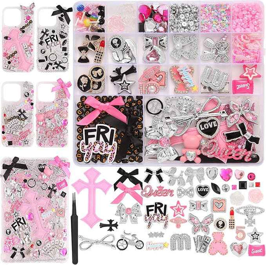 EIiovcnya 2380 Pcs Junk Phone Case Charms Kit, Charms for Customizing DIY Cases, with Nail Accessories, Cute Bow, Star, Candy, Letter Beads, Flatback Aesthetic Big Decor Valentine's Day Gift