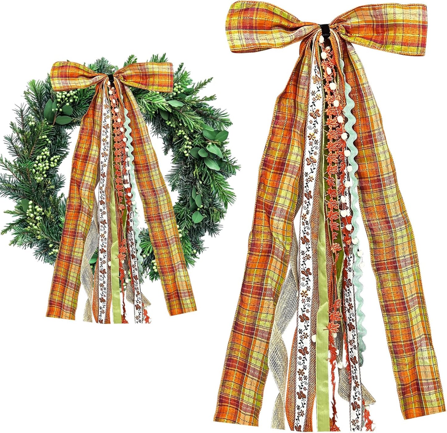 Large Fall Ribbon Bow for Wreath, Orange Buffalo Plaid Fabric Ribbons Set Assorted Lace Ribbon Fall Clip-On Wreath Sash Ribbons Bundle for Thanksgiving Indoor Outdoor Decor - Crafty Corner