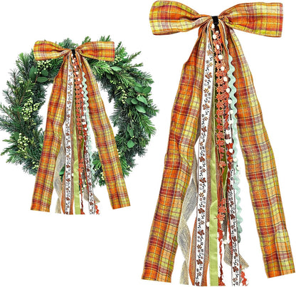 Large Fall Ribbon Bow for Wreath, Orange Buffalo Plaid Fabric Ribbons Set Assorted Lace Ribbon Fall Clip-On Wreath Sash Ribbons Bundle for Thanksgiving Indoor Outdoor Decor - Crafty Corner