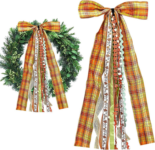 Large Fall Ribbon Bow for Wreath, Orange Buffalo Plaid Fabric Ribbons Set Assorted Lace Ribbon Fall Clip-On Wreath Sash Ribbons Bundle for Thanksgiving Indoor Outdoor Decor - Crafty Corner