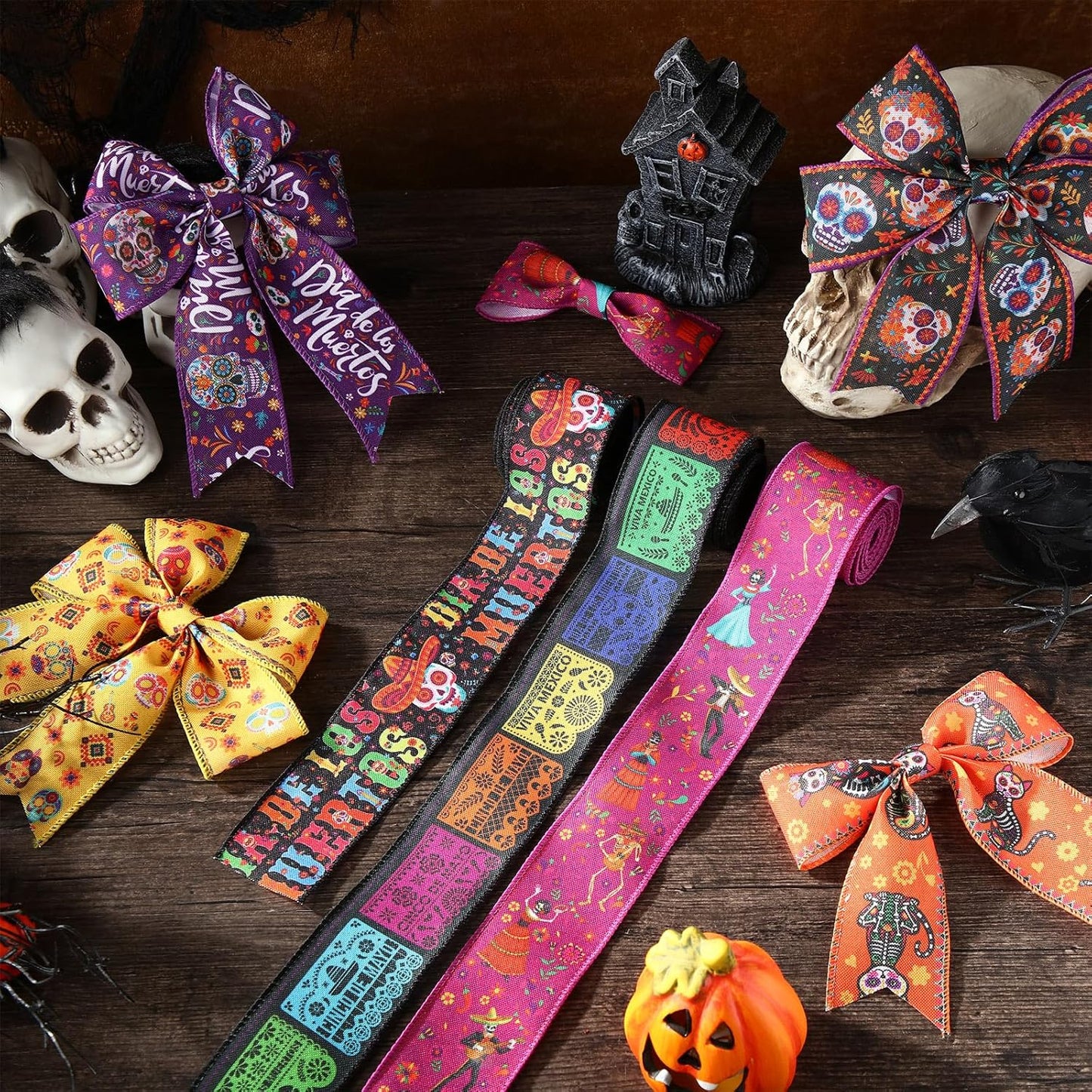 12 Rolls 60 Yards Day of The Dead Wired Edge Ribbons Black Purple Sugar Skull Flower Burlap Ribbon Dia De Los Meurtos Ribbon for Halloween Party DIY Craft Wreath Decor - Crafty Corner