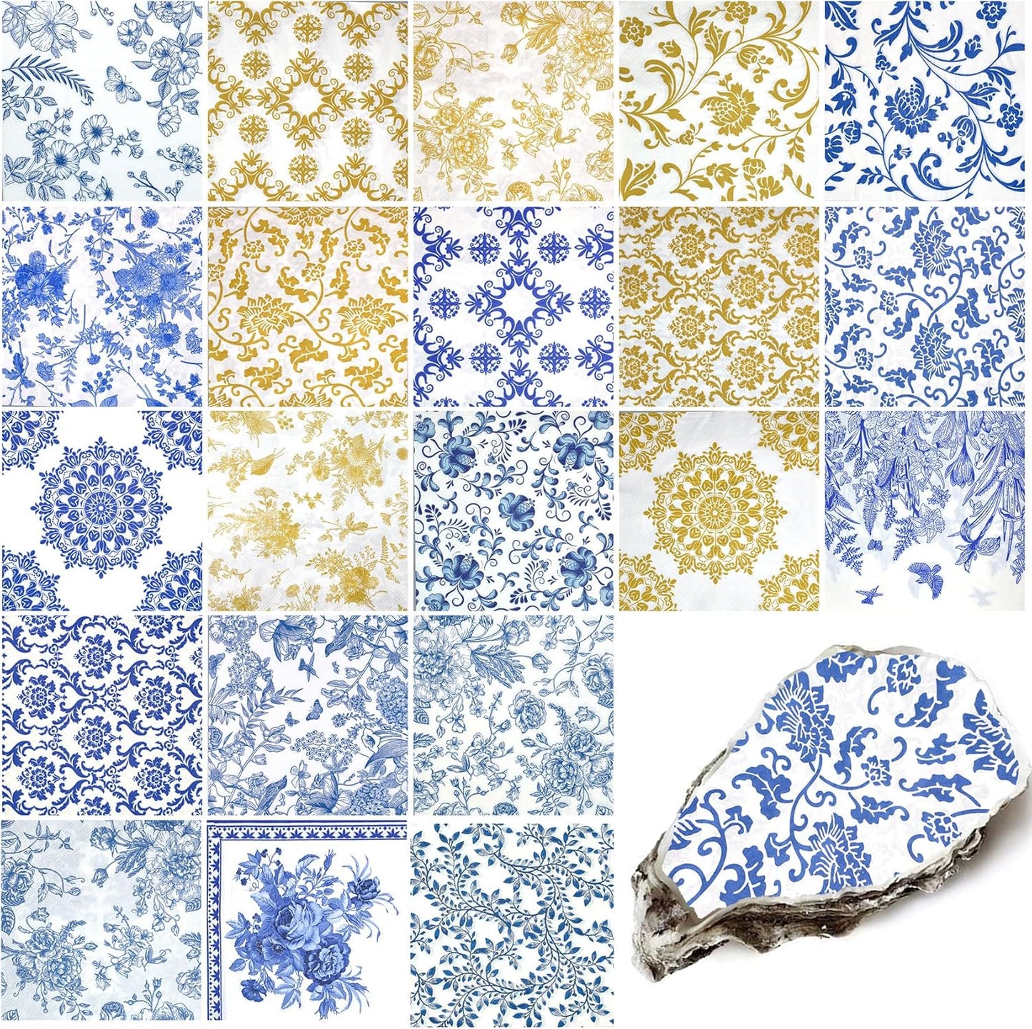21 Pack Assorted Floral Napkins Decoupage Decorative, Decoupage Napkins Cocktail Decorative Paper for Birthday Party Beautiful Gorgeous, 21 styles of decorative paper (Blue and Gold Floral)