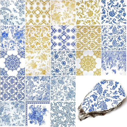 21 Pack Assorted Floral Napkins Decoupage Decorative, Decoupage Napkins Cocktail Decorative Paper for Birthday Party Beautiful Gorgeous, 21 styles of decorative paper (Blue and Gold Floral)