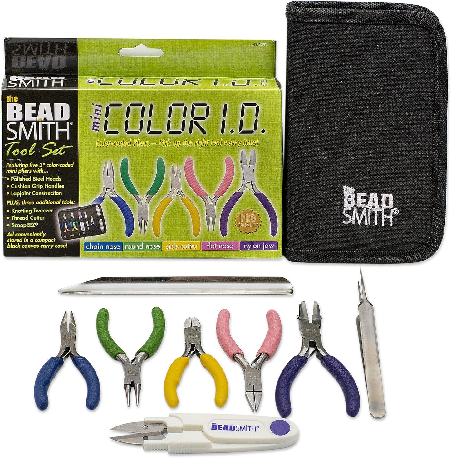 The Beadsmith Mini Color-ID Set – 3”, 8-Pieces Includes: Chain Nose, Round Nose, Side Cutter, Flat Nose, Nylon Jaw Flat Nose, Tweezers, Thread Snippers, Bead Scoop & Canvas Case – For Jewelry Making - Crafty Corner