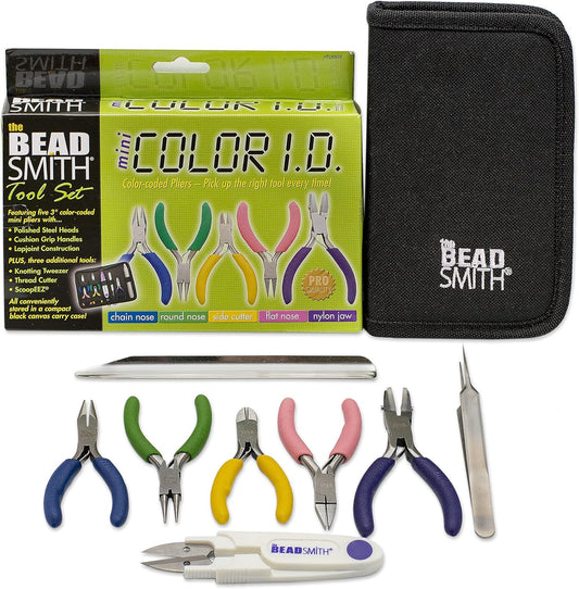 The Beadsmith Mini Color-ID Set – 3”, 8-Pieces Includes: Chain Nose, Round Nose, Side Cutter, Flat Nose, Nylon Jaw Flat Nose, Tweezers, Thread Snippers, Bead Scoop & Canvas Case – For Jewelry Making - Crafty Corner