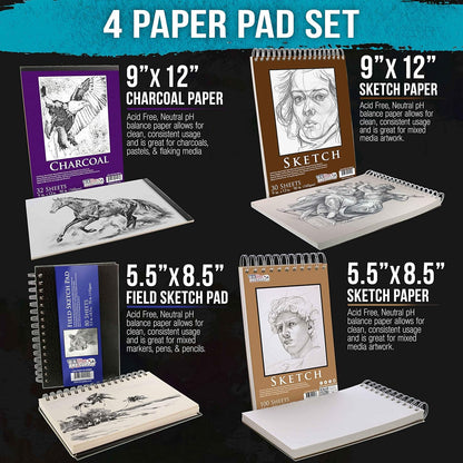 U.S. Art Supply 4-Pad Sketch Book and Drawing Paper Set (242 Sheets) - Sizes (5.5 x 8.5 and 9 x 12 Inch) Spiral Bound, Artist Drawing Pads for Mixed Media