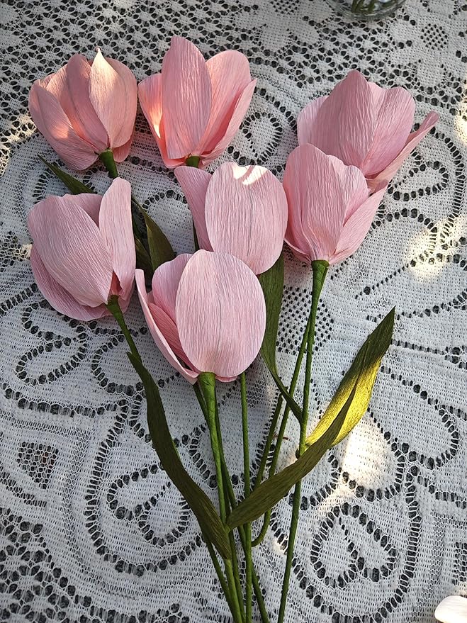 Mybbshower Pink Crepe Paper Tulip for Home Decor DIY Kit with Floral Tape & 12 Wire Stems DIY Craft Projects Crepe Paper Flower