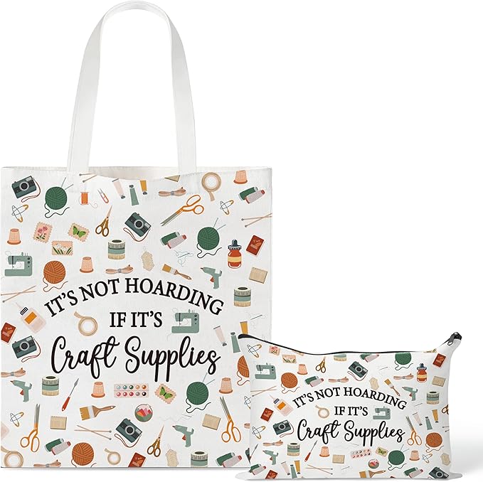 Y1tvei Crafter Canvas Bag Set - 2Pcs It's Not Hoarding If It's Craft Supplies Canvas Tote Bag Makeup Pouch, Craft Reusable Grocery Shopping Handbag Gift for Crafting Sewing Lover Birthday Party Favors