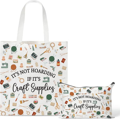Y1tvei Crafter Canvas Bag Set - 2Pcs It's Not Hoarding If It's Craft Supplies Canvas Tote Bag Makeup Pouch, Craft Reusable Grocery Shopping Handbag Gift for Crafting Sewing Lover Birthday Party Favors