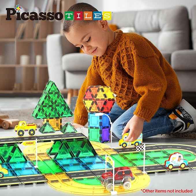 PicassoTiles Magnetic Building Tiles Car Track Magnet Vehicle Adventure Theme Printed Street Road Runway Speedway Highway Block Construction Expansion Add-on Education Learning Toys for Kids 3+ PTE16